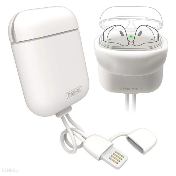 Remax silikonowe etui case na słuchawki AirPods 2gen / 1gen + kabel USB - Lightning / zawieszka biały - Biały (AIRPODS2)